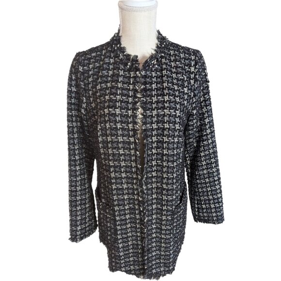 Catherine Maladrino Black Boucle Houndstooth Tweed Open Front Blazer - Picture 3 of 8